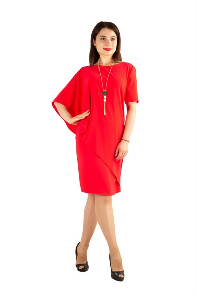 Cloak Cape Short Sleeve Elegant Bİg Size Dress - Red
