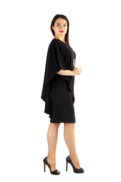 Cloak Cape Short Sleeve Elegant Dress - Black