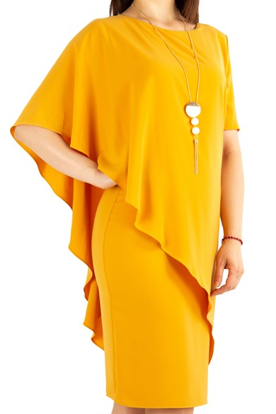 Cloak Cape Short Sleeve Elegant Dress - Mustard