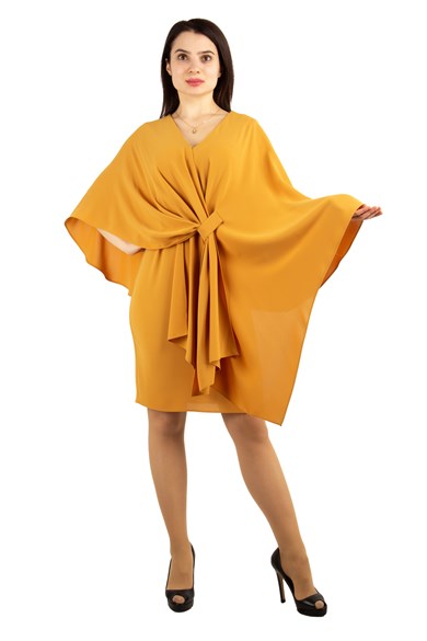 Cloak Shoulder Tie Front Big Size Dress - Mustard