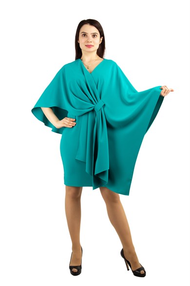 Cloak Shoulder Tie Front Big Size Dress - Benetton Green