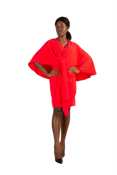 Cloak Shoulder Tie Front Big Size Dress - Red