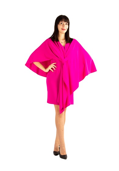 Cloak Shoulder Tie Front Big Size Dress - Fuchsia