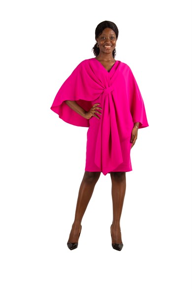 Cloak Shoulder Tie Front Dress - Fuchsia