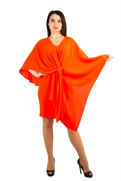 Cloak Shoulder Tie Front Dress - Orange