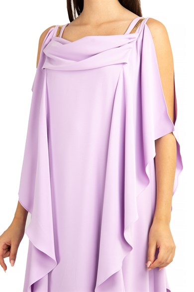Cold Shoulder Gold Stripe Detail Draped Long Dress - Lilac