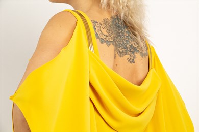 Cold Shoulder Gold Stripe Detail Draped Long Dress - Yellow