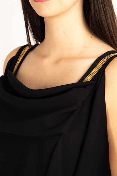 Cold Shoulder Gold Stripe Detail Draped Long Dress