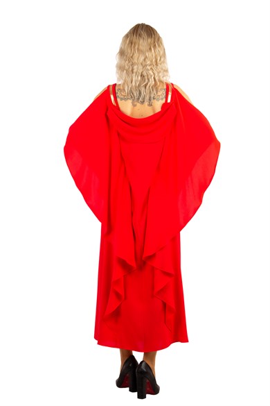 Cold Shoulder Gold Stripe Detail Draped Long Dress - Red