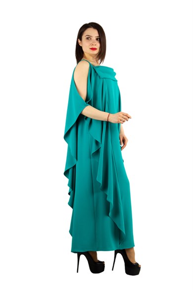 Cold Shoulder Gold Stripe Detail Draped Long Dress - Benetton Green