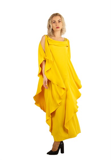 Cold Shoulder Gold Stripe Detail Draped Long Dress - Yellow