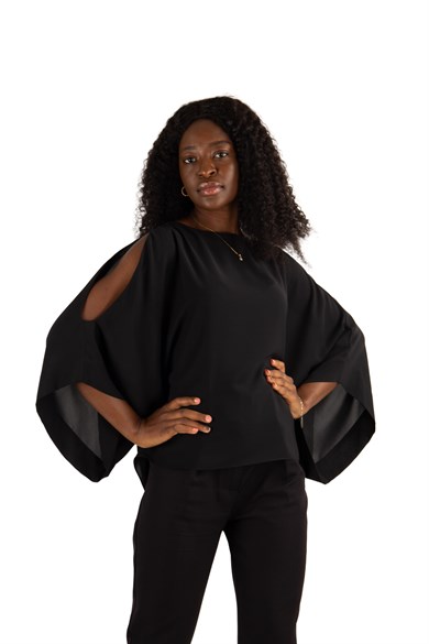 Cold Shoulder Kimono Sleeve Top - Black