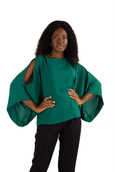 Cold Shoulder Kimono Sleeve Top - Emerald Green