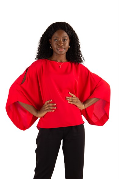 Cold Shoulder Kimono Sleeve Top - Red