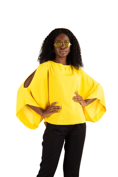 Cold Shoulder Kimono Sleeve Top - Yellow