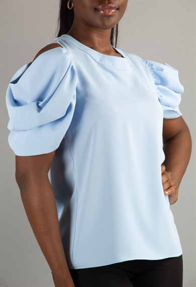 Cold Shoulder Puff Sleeve Top - Baby Blue