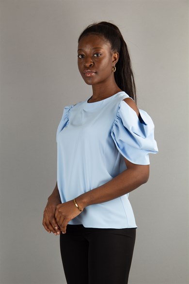 Cold Shoulder Puff Sleeve Top - Baby Blue
