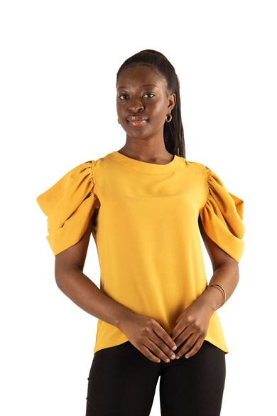 Cold Shoulder Puff Sleeve Top - Mustard