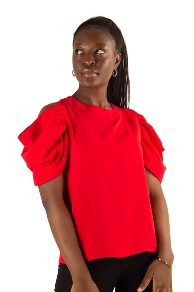 Cold Shoulder Puff Sleeve Top - Red