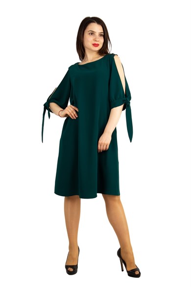 Cold Shoulder Tie Sleeve Big Size Dress - Emerald Green