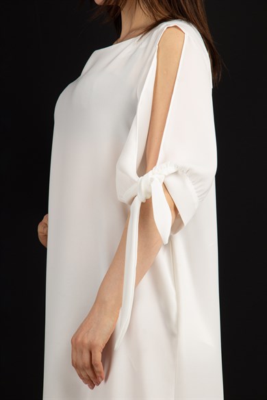 Cold Shoulder Tie Sleeve Big Size Dress - White