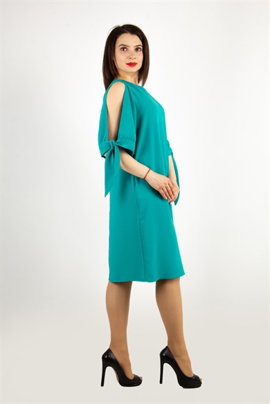 Cold Shoulder Tie Sleeve Big Size Dress - Benetton Green