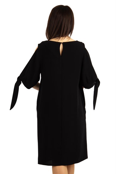Cold Shoulder Tie Sleeve Big Size Dress - Black