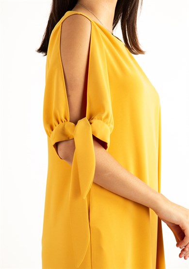 Cold Shoulder Tie Sleeve Big Size Dress - Mustard
