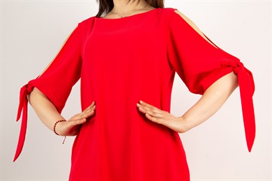 Cold Shoulder Tie Sleeve Big Size Dress - Red