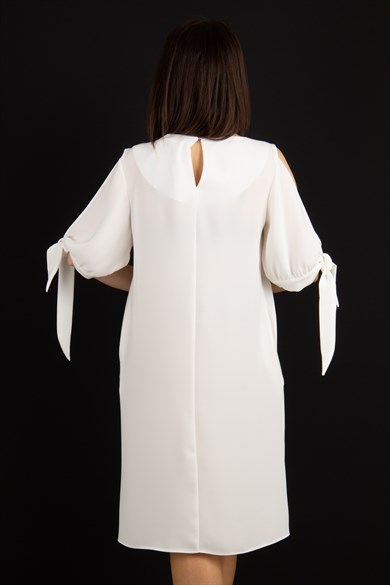 Cold Shoulder Tie Sleeve Big Size Dress - White