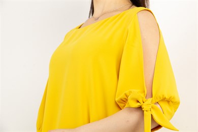 Cold Shoulder Tie Sleeve Big Size Dress - Yellow