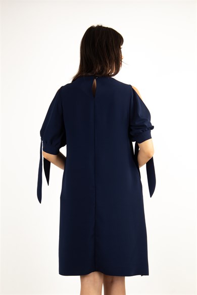 Cold Shoulder Tie Sleeve Big Size Dress - Navy Blue