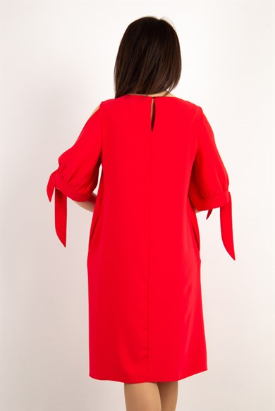 Cold Shoulder Tie Sleeve Big Size Dress - Red