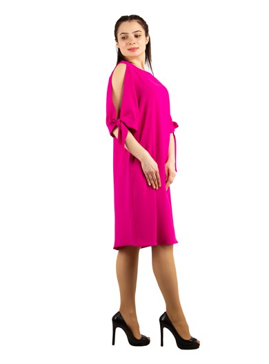 Cold Shoulder Tie Sleeve Big Size Dress - Fuchsia