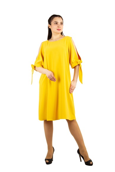 Cold Shoulder Tie Sleeve Big Size Dress - Yellow