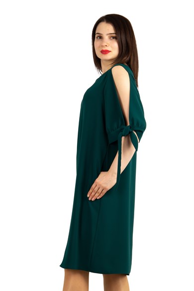 Cold Shoulder Tie Sleeve Big Size Dress - Emerald Green