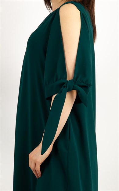 Cold Shoulder Tie Sleeve Dress - Emerald Green