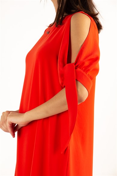 Cold Shoulder Tie Sleeve Dress - Orange