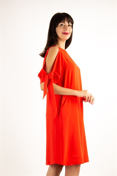 Cold Shoulder Tie Sleeve Dress - Orange