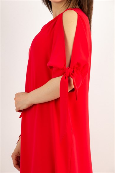 Cold Shoulder Tie Sleeve Dress - Red