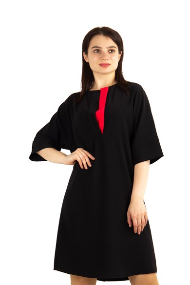 Crew Neck Simple Elegant Midi Dress - Black/Red