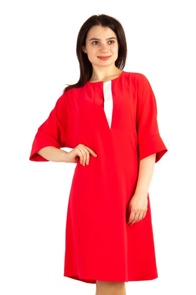 Crew Neck Simple Elegant Midi Dress - Red