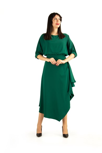 Drape Asymmetric Midi Dress - Emerald Green