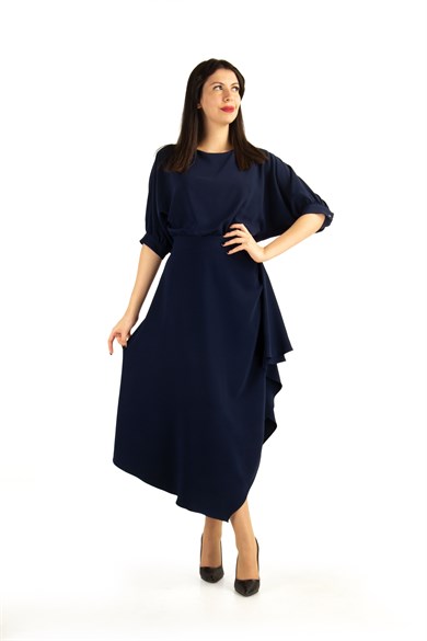 Drape Asymmetric Midi Dress - Navy Blue