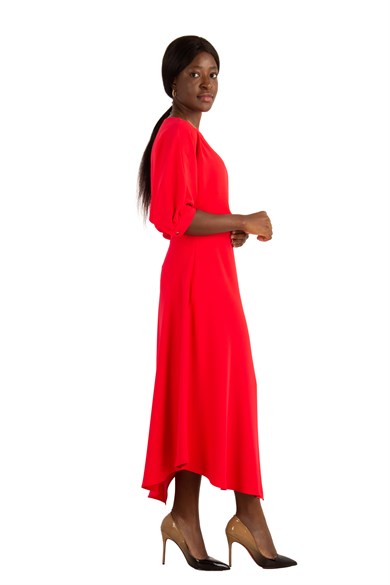 Drape Asymmetric Midi Dress - Red