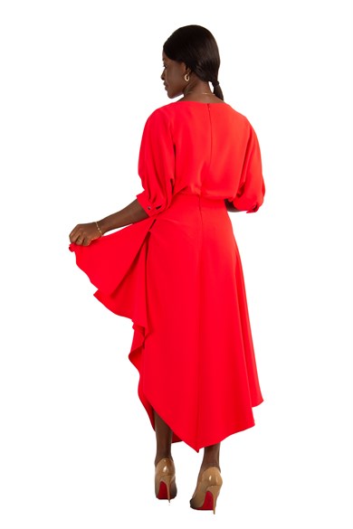Drape Asymmetric Midi Dress - Red