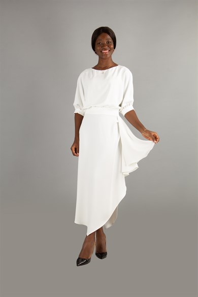 Drape Asymmetric Midi Dress - White
