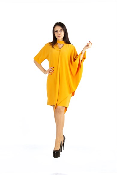 Draped Big Size Dress With Chain - Mustard