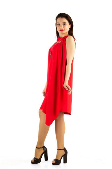 Draped Dress With Tulle Detail - Red