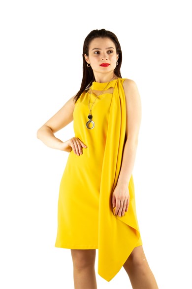 Draped Dress With Tulle Detail - Yellow